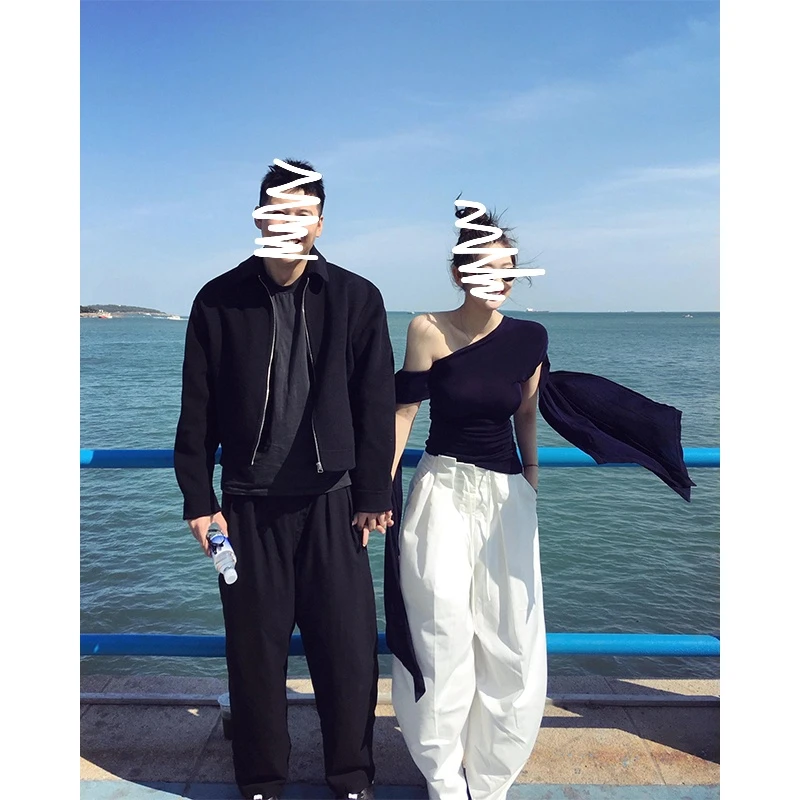 度假风御姐范酷辣时尚气质设计感斜肩飘带上衣百搭抽绳直筒阔腿裤