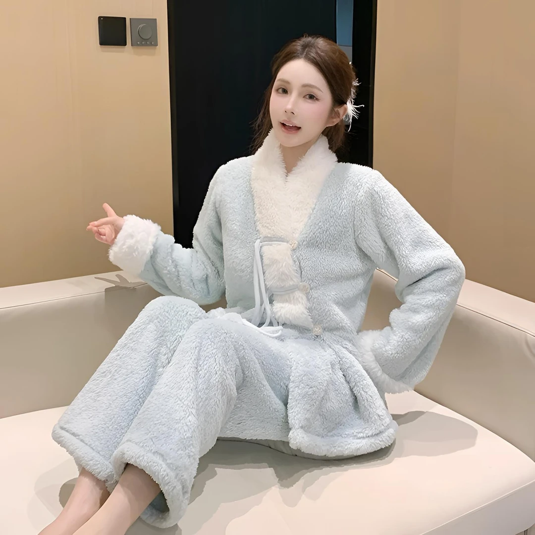 2025新款珊瑚绒睡衣女秋冬加绒加厚保暖套装甜美国风家居服可外穿