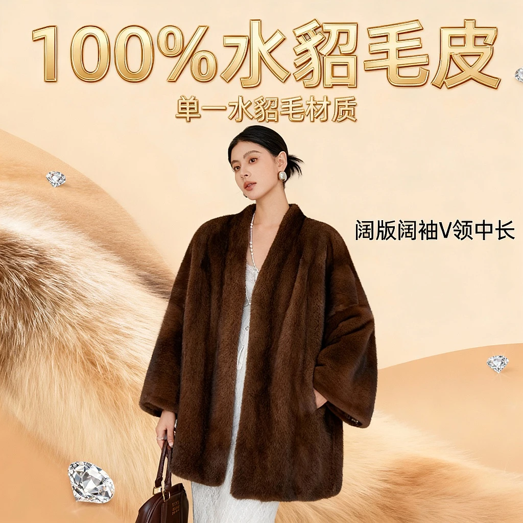 貂皮大衣女2025年新款阔版阔袖V领中长款整貂裘皮水貂毛皮草外套