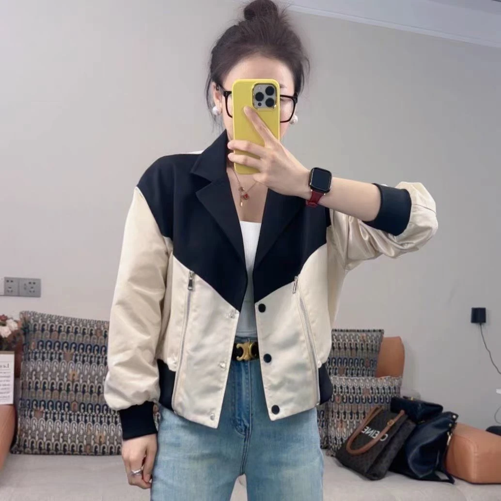 2025西服领外套女新款外套韩版拼色休闲撞色短款宽松上衣夹克女