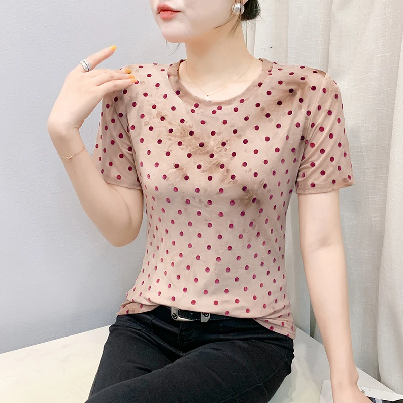 波点圆领网纱短袖t恤女2025年夏季新款扎染百搭小衫洋气时尚上衣