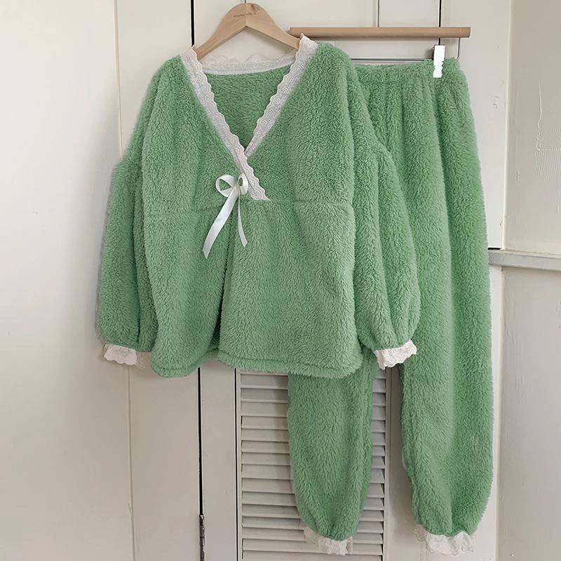 睡衣女秋冬季加绒加厚学生ins可外穿珊瑚绒可爱法兰绒套装家居服