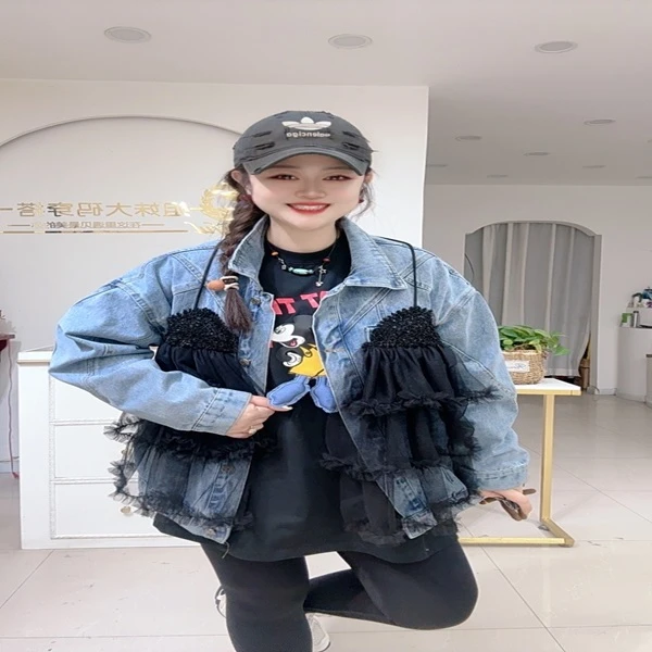 2976时尚欧货拼接蕾丝牛仔外套