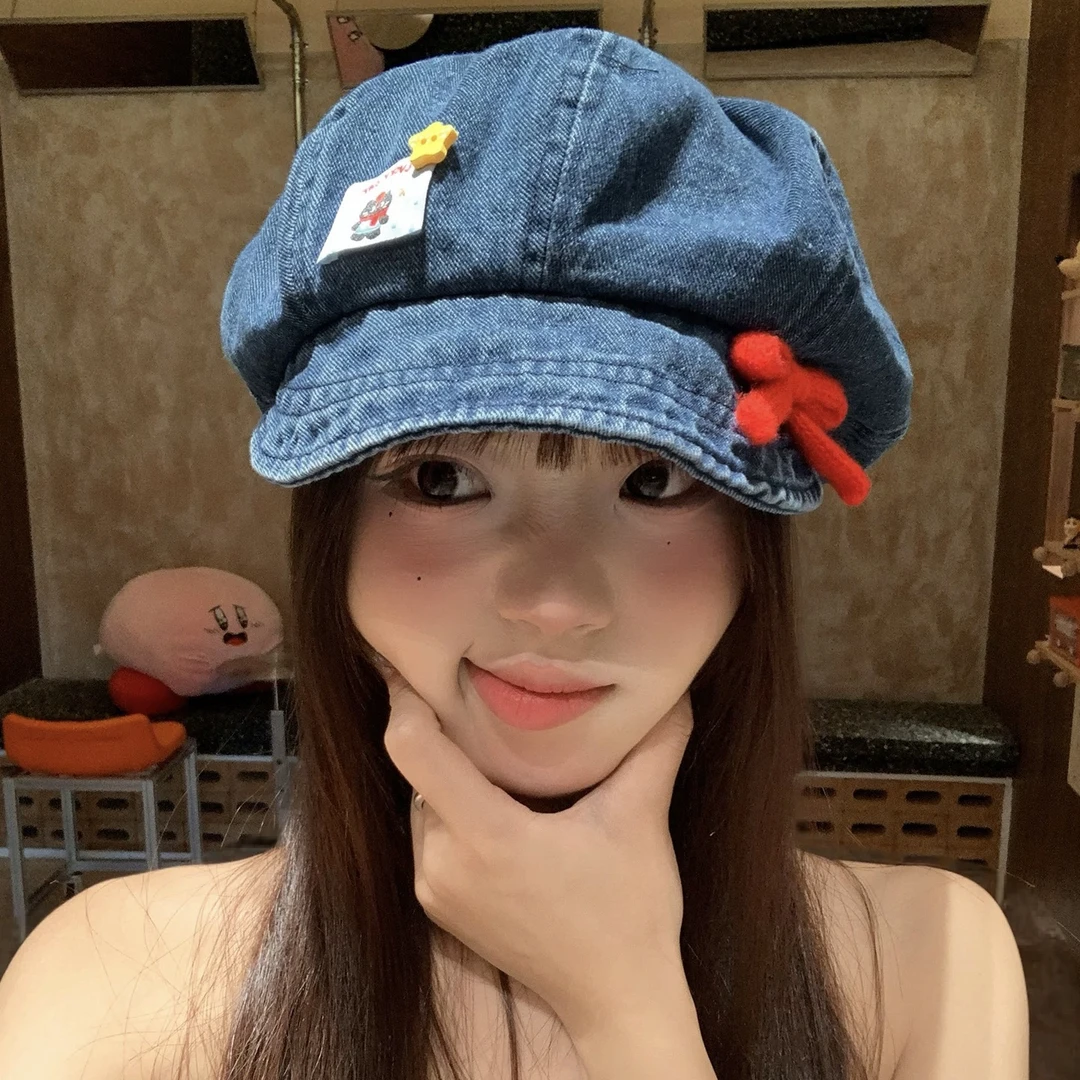 原创牛仔蝴蝶结贝雷帽女春夏显脸小八角帽帽子头围（56-58cm)