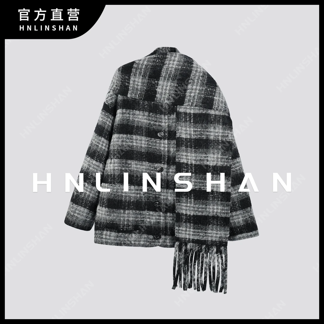 【清】【格调派对】大围巾中长百搭毛呢格纹大衣LS40315705