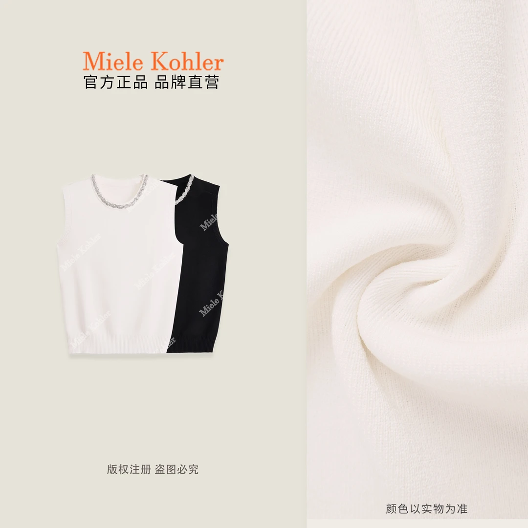 夏季新款重工领口镶钻圆领无袖女针织衫MKAX10A05 【澳门小源同款】