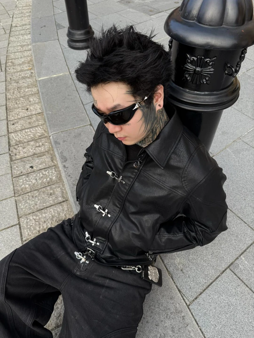 THEWET SPLITTING TONGUE 2025AW分舌廓形短款飞机扣五金皮衣夹克