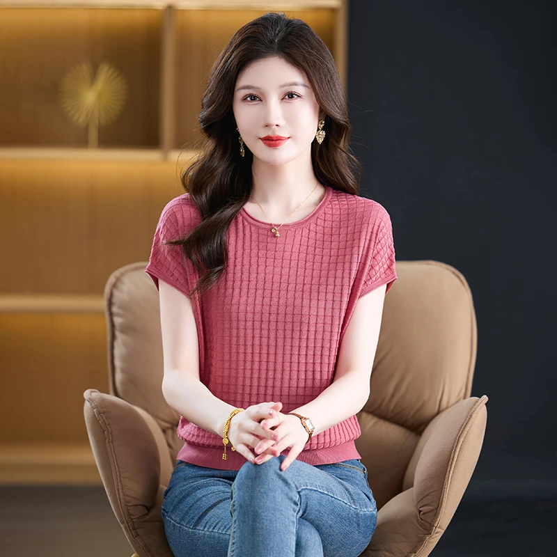 圆领女士冰丝t恤女夏季新款桑蚕丝针织衫妈妈装薄款短袖上衣女