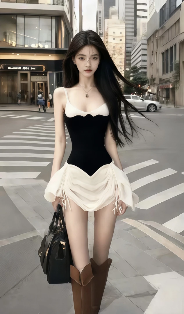 新款高级辣妹风黑色U领吊带收腰连衣裙女【下裙为抽绳需自行调整】