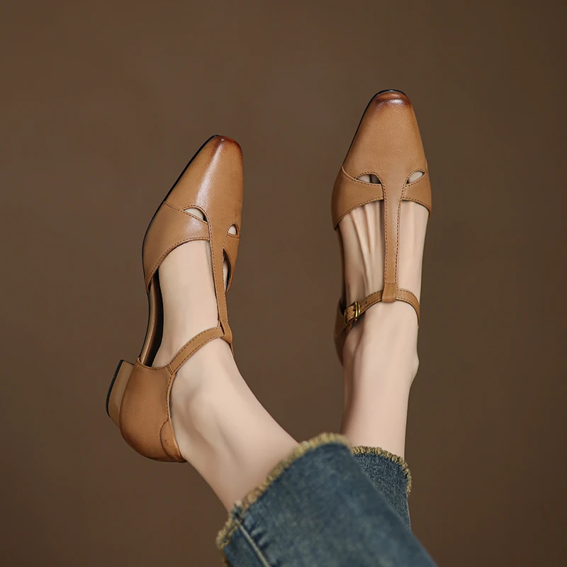 小牛皮/3.5cm/真皮复古擦色包头凉鞋女夏季新款法式粗跟罗马女鞋