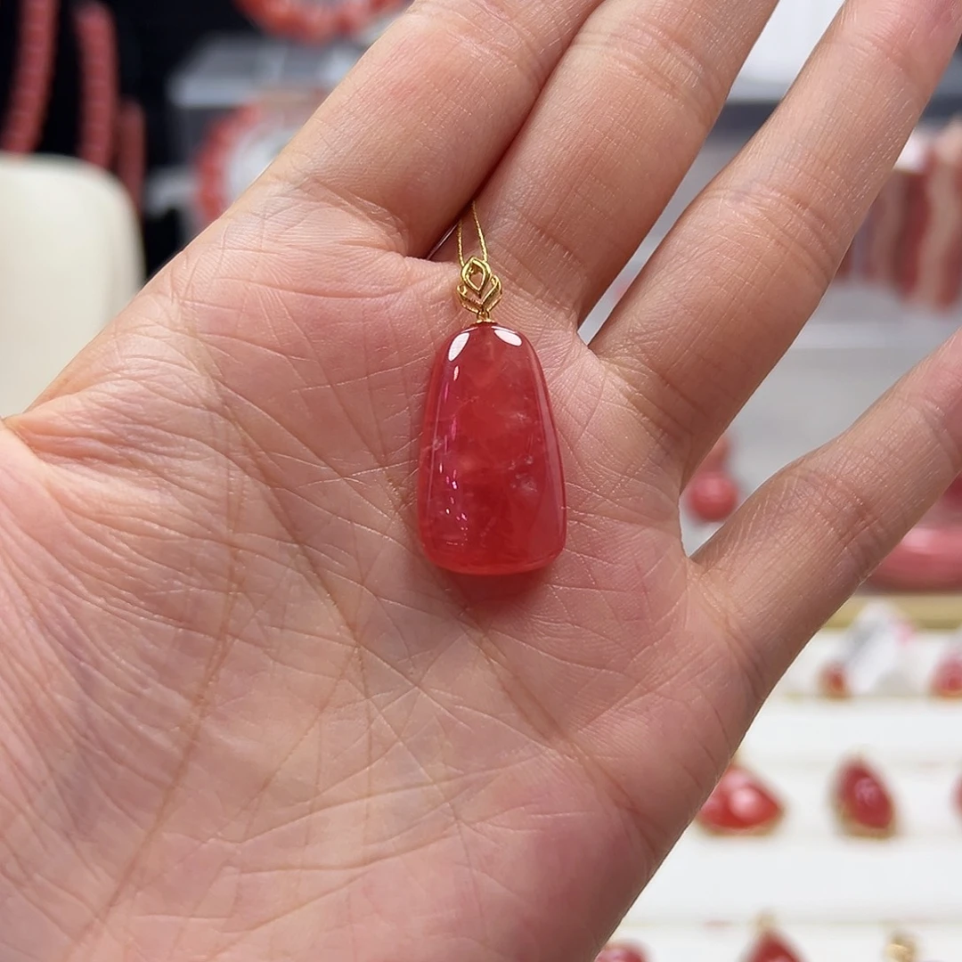 菱锰矿（红纹石）18K金镶嵌吊坠(不含链)043