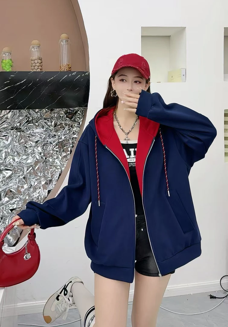 新款春秋连帽开衫拉链卫衣外套宽松上衣撞色宽松显瘦慵懒风潮流