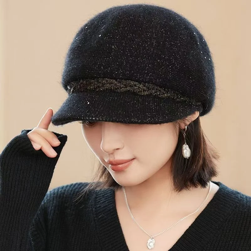 秋冬新款兔毛鸭舌帽时尚妈妈韩版盆帽加厚保暖防风针织帽中老年款