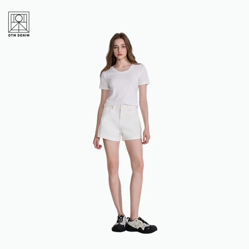 OTM DENIM【骑士】夏季女士A字高腰四面弹牛仔短裤显瘦白色轻奢