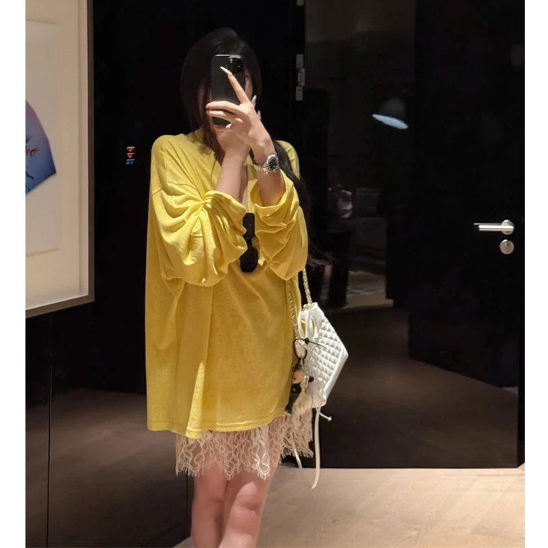 网红宽松舒适大版纯色百搭长袖T恤屁帘2025新款纯色女款宽松上衣N