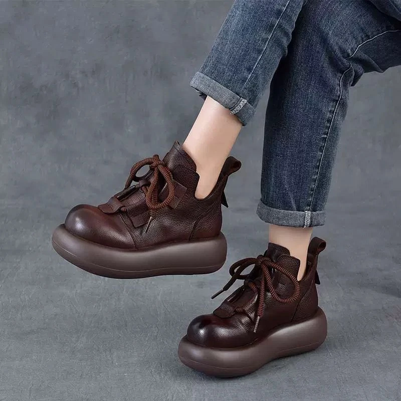 头层牛皮圆头矮靴女复古休闲马丁靴女款厚底内增高系带短靴秋冬款