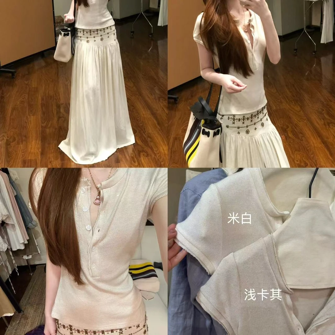 【淡人氛围】度假感极简套装细浅t恤➕珠片低腰烫钻麻裙69596