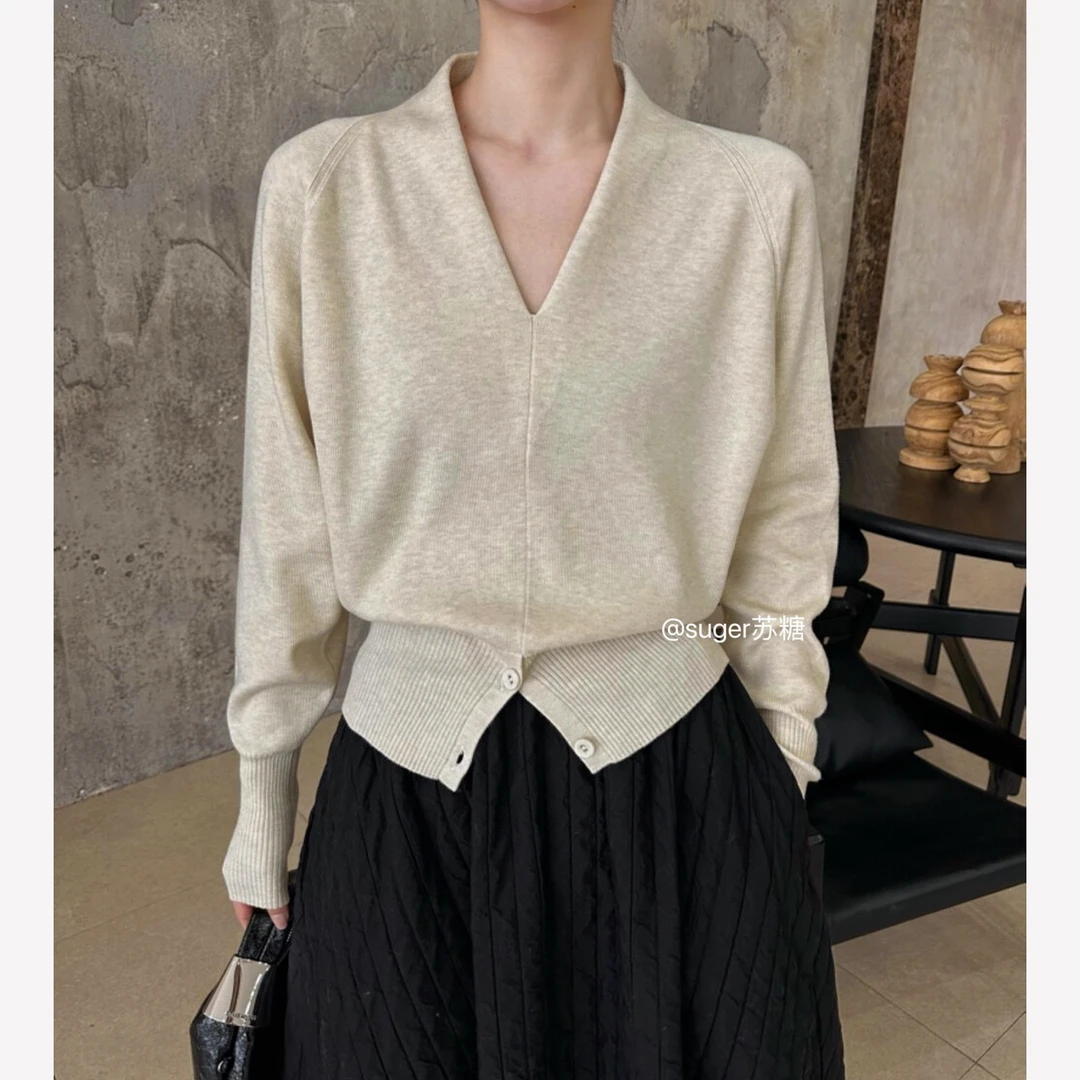 【极简穿搭/V领纽扣开叉针织衫】秋冬季老钱风简约v领长袖针织衫