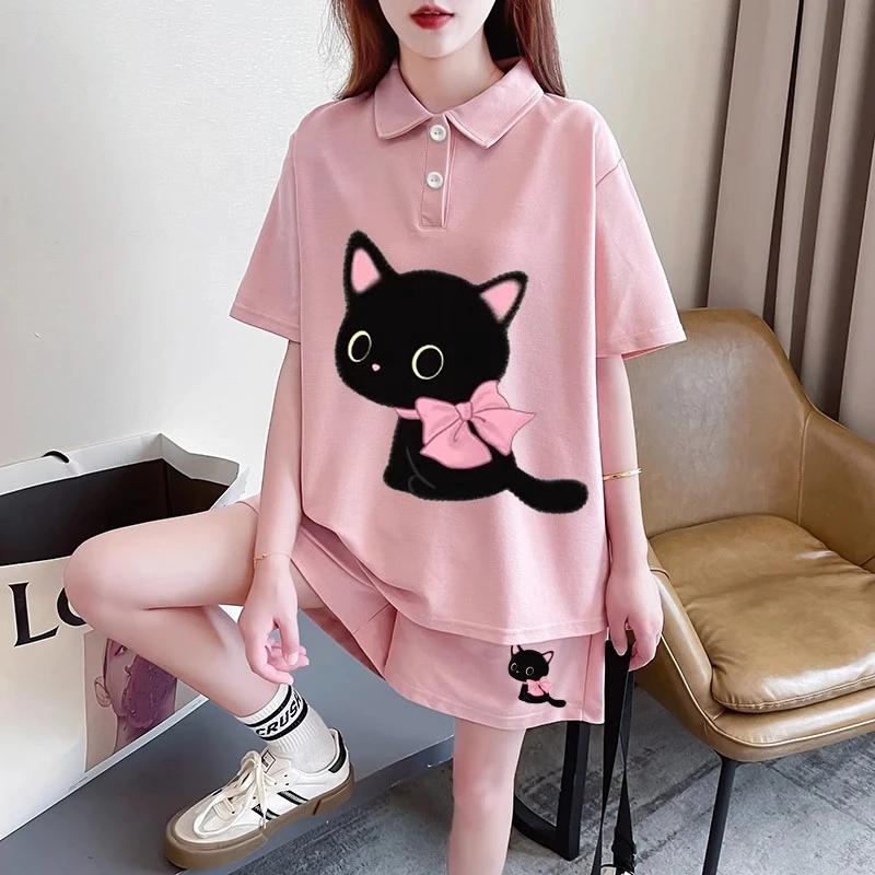 女童儿童POLO领短袖短裤套装夏季宽松粉色小猫休闲运动风穿搭童装