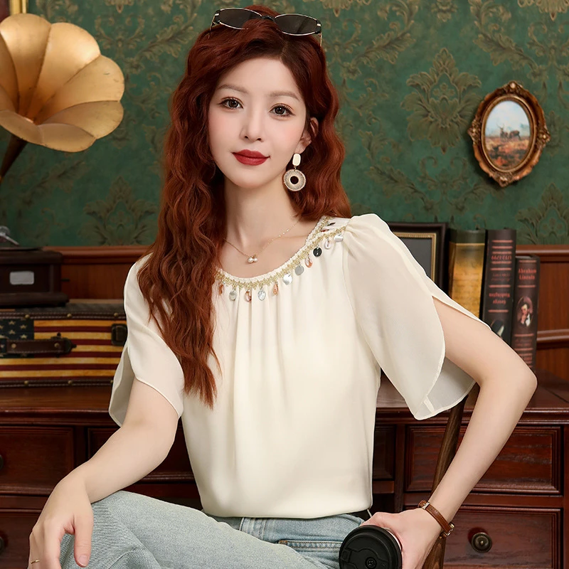 圆领蕾丝边钉珠宽松短袖雪纺衫女2025高级感荷叶开叉袖遮肚子上衣