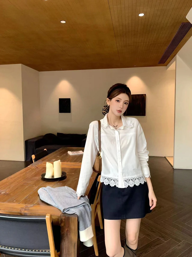 【芝士Cheese】半纸风霜  泡泡袖蕾丝休闲上衣时尚短款衬衫