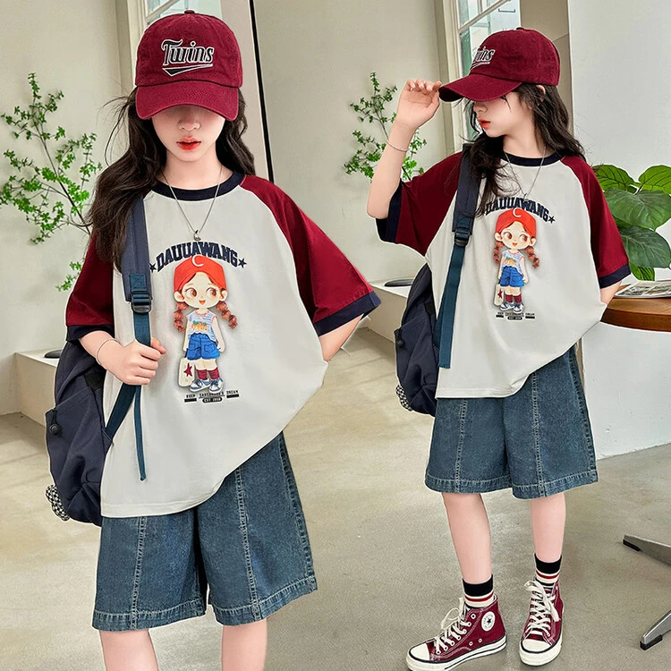 女童夏季短袖套装2025新款6-12岁15岁女孩T恤牛仔短裤洋气两件套