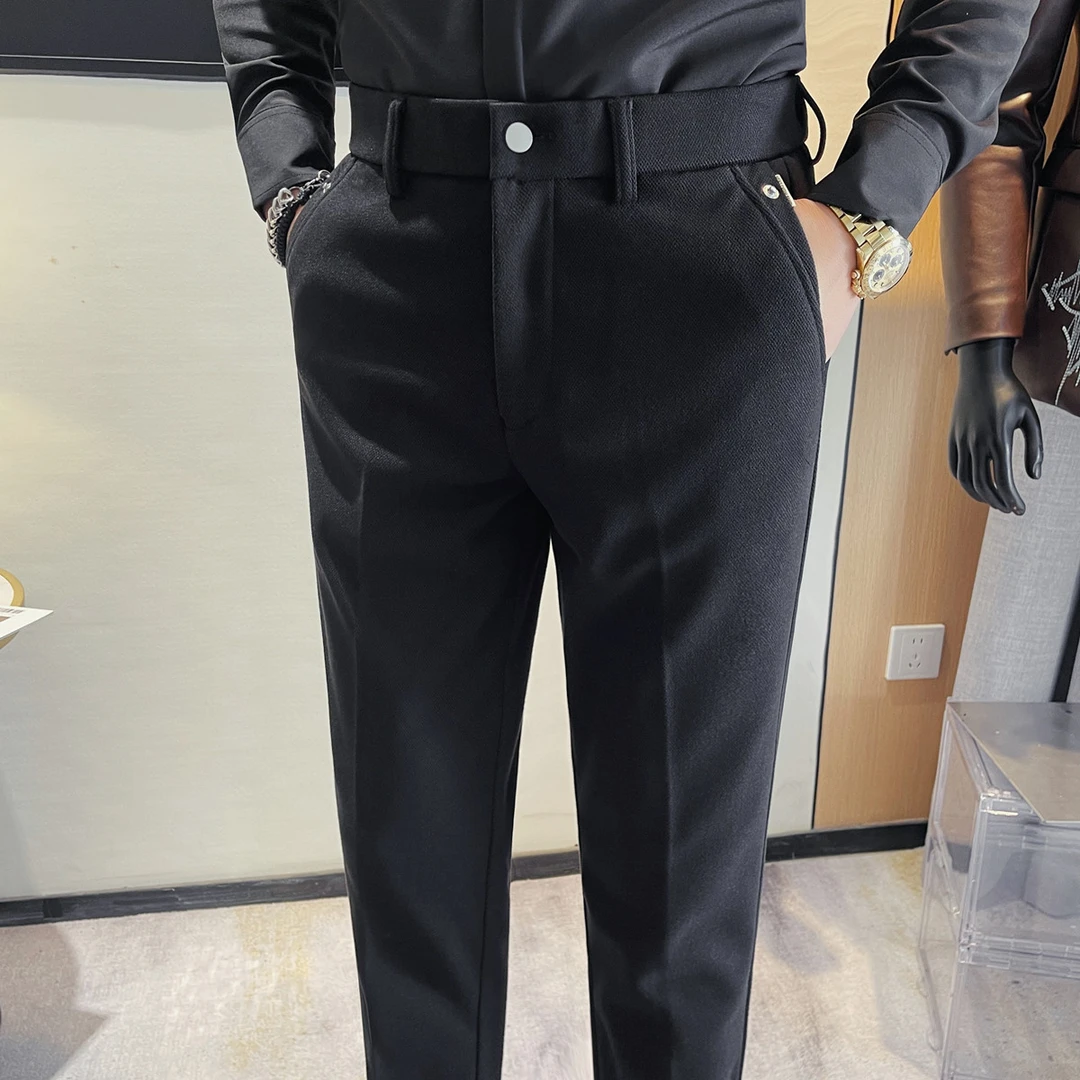 厚款呢子裤休闲西裤男秋冬修身小脚长裤抗皱免烫商务西裤