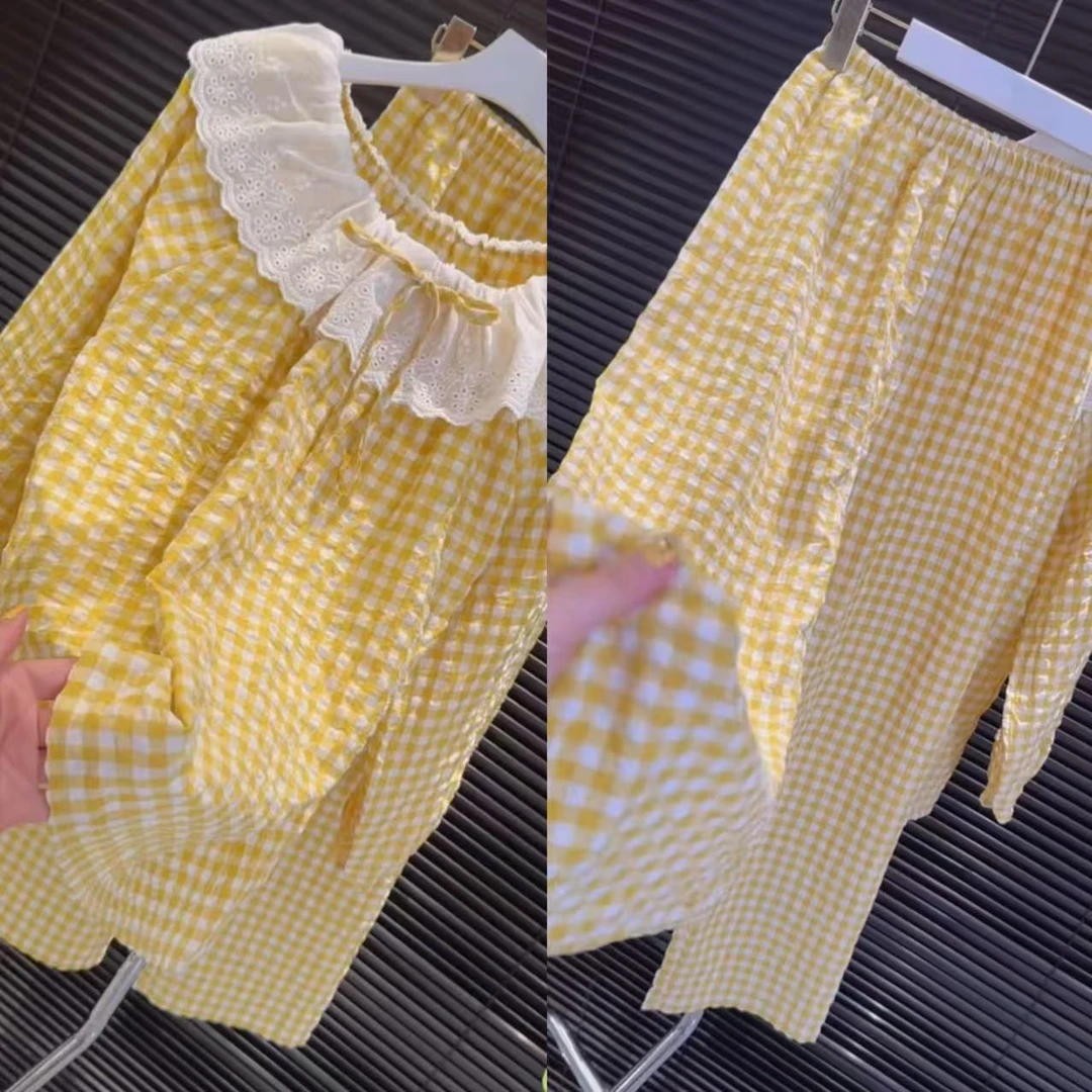 4色格子网红同款家居服外穿春季睡衣家居服套装娃娃领套装花边