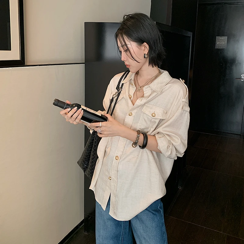 十三粥私服 老钱秘境 莱赛尔亚麻极简休闲衬衫女宽松显瘦SC0064