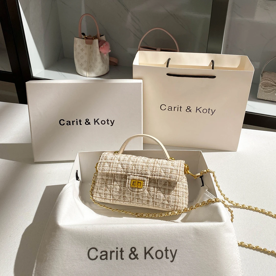 CARIT KOTY秋冬呢子小香风包包女2025新款百搭高级感菱格链条手提