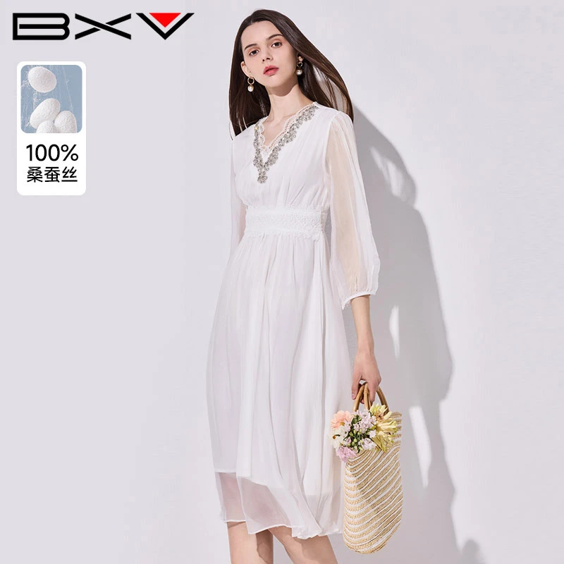BXV白色v领真丝连衣裙女2025夏七分纱袖收腰蕾丝桑蚕丝长裙81042