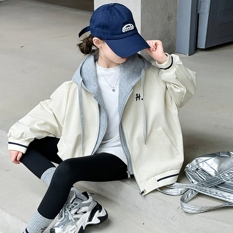 女童假两件外套2025春秋季新款中大童洋气时髦连帽休闲夹克上衣潮