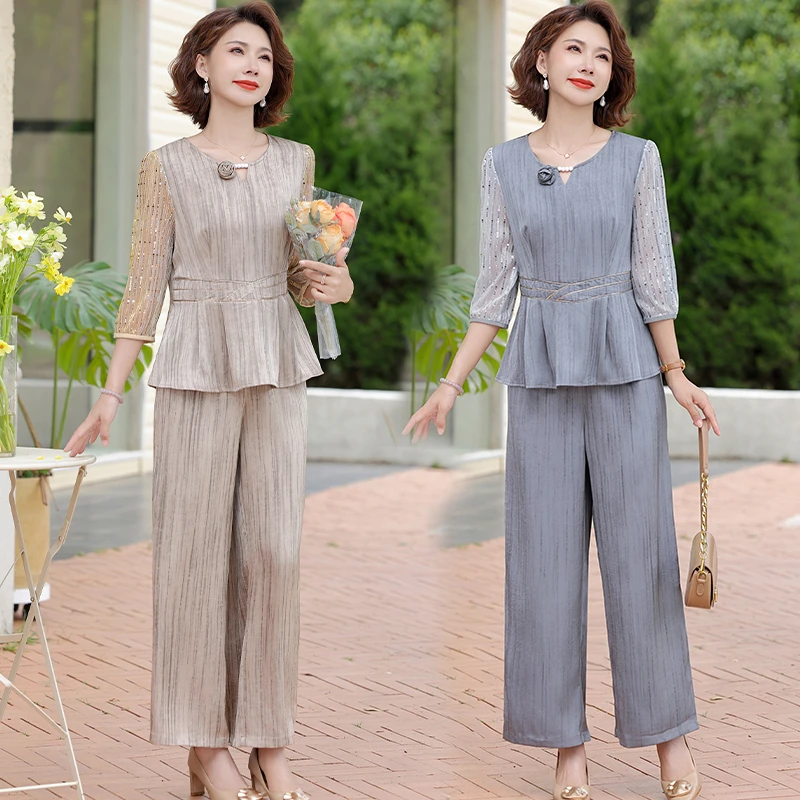 妈妈洋气减龄套装2025春夏新款中老年女贵夫人时尚上衣高端两件套