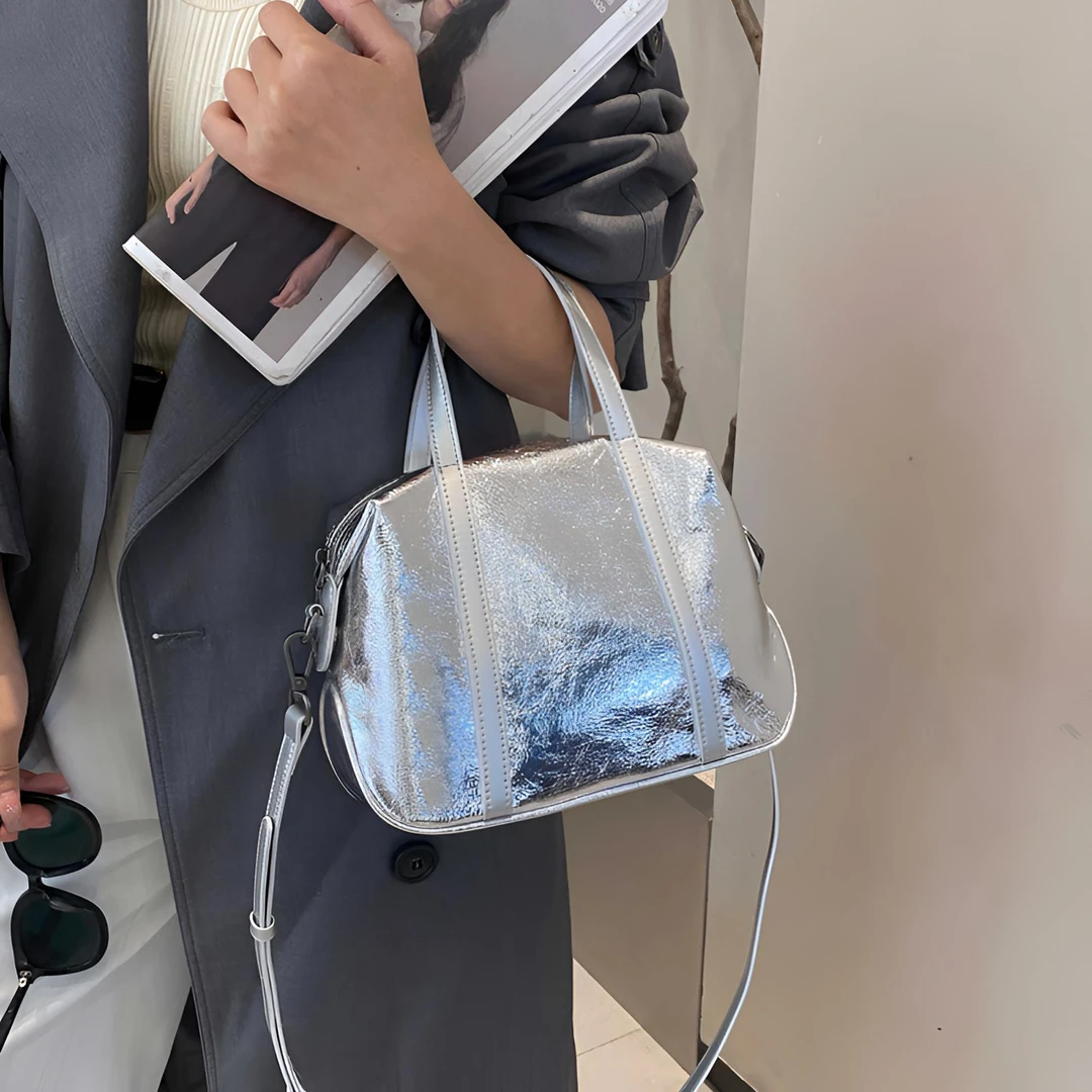 银色女包2025新款百搭牛皮包包时尚单肩包大容量通勤托特包斜挎包