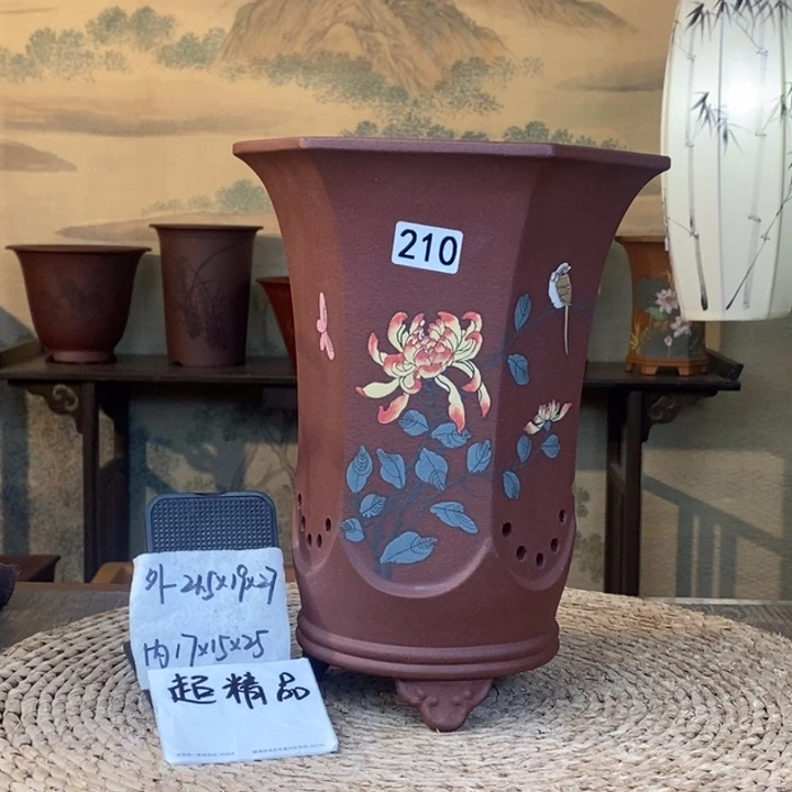 花盆紫砂 超精品枣红泥彩绘菊花束腰六方210