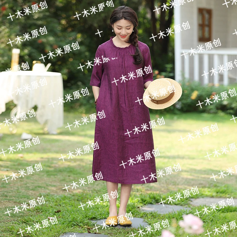 紫水仙/十木米原创夏新款百分百色织亚麻文艺气质中长款连衣裙
