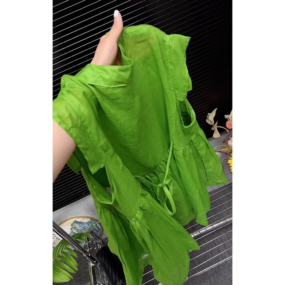 今年流行独特漂亮超好看多巴胺上衣洋气减龄绿色亚麻无袖T恤女夏