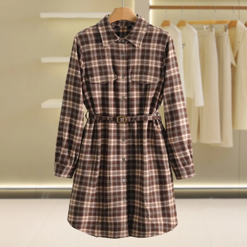 【伍莎-自营】格纹衬衫裙单排扣显瘦连衣裙#BQS48L003