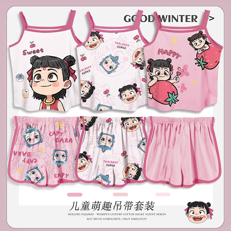 儿童睡衣薄款夏季女童纯棉小女孩亲子吊带背心家居服哪吒2025新款