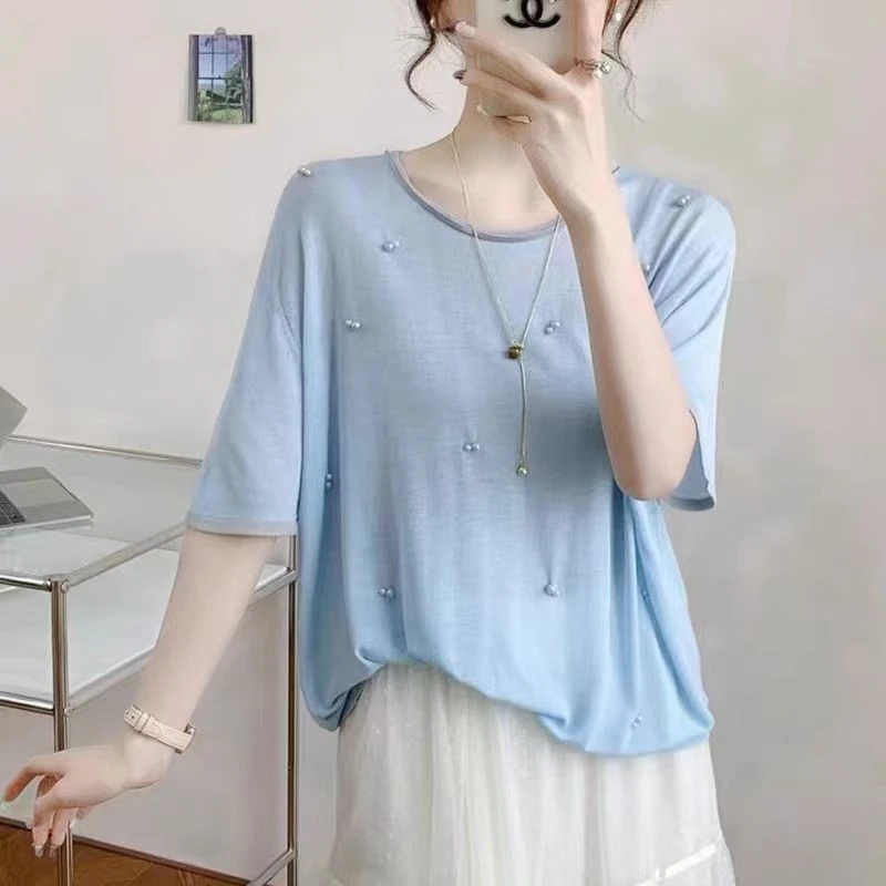 【双钉珠-蓝色】夏季镂空轻薄针织衫女气质宽松纯色