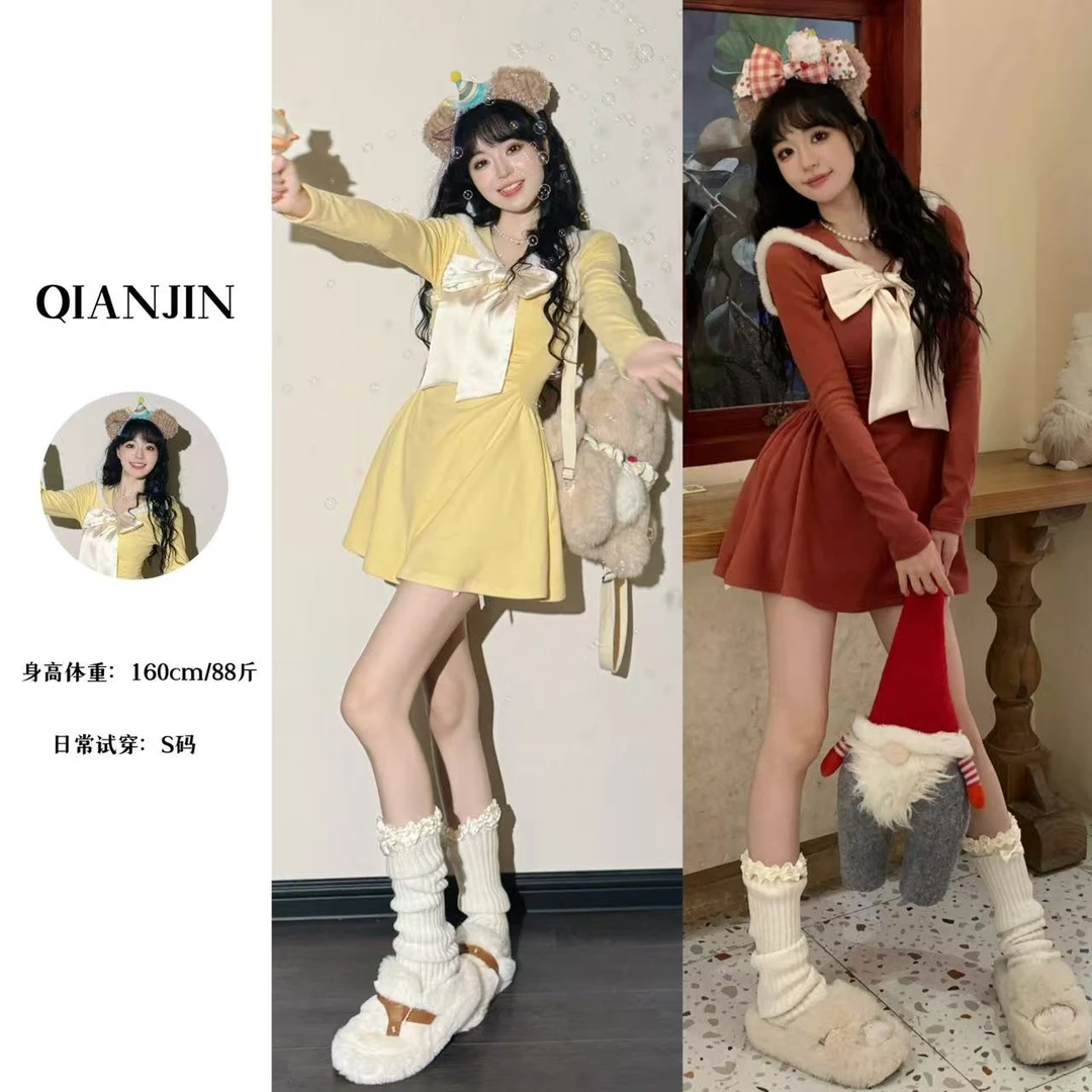 【千金推荐】纯欲甜茶软糯蝴蝶结减龄长袖收腰连衣裙SQJYY406103