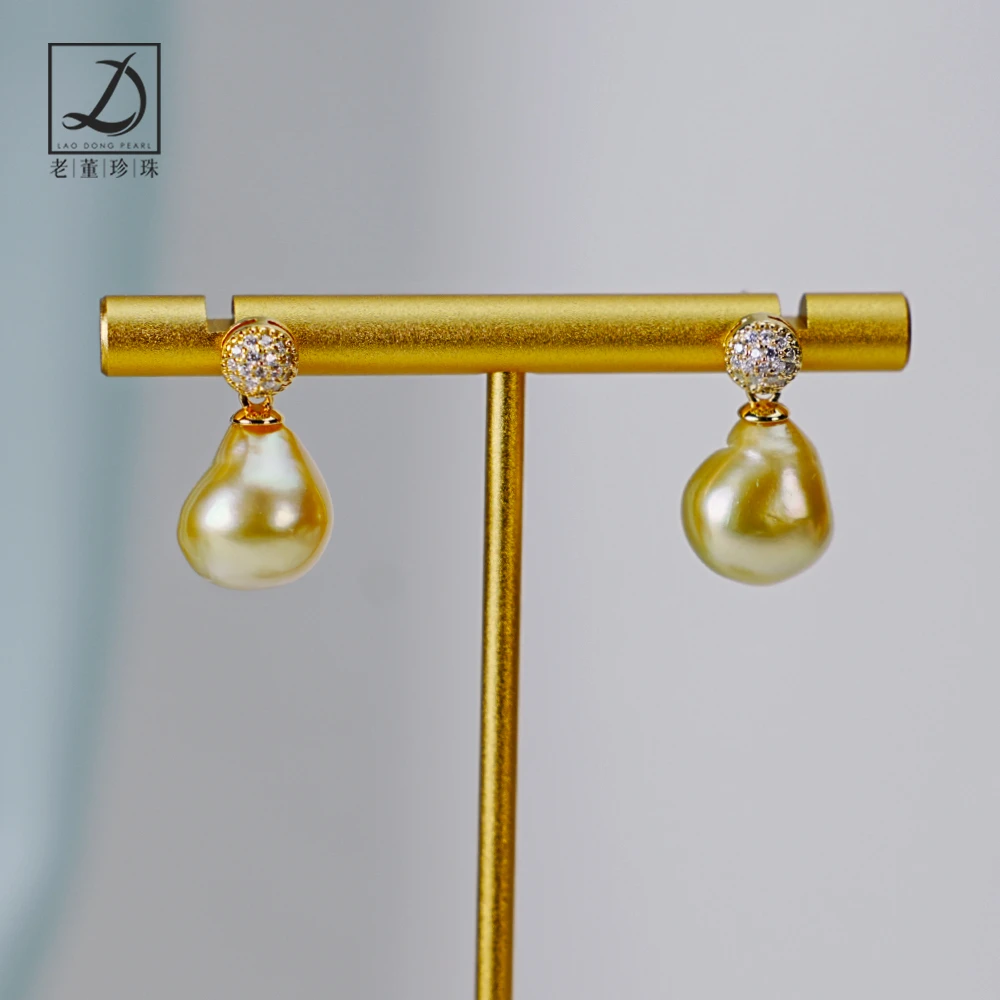 金豆豆 S925银11-12mm南洋金珠巴洛克耳坠