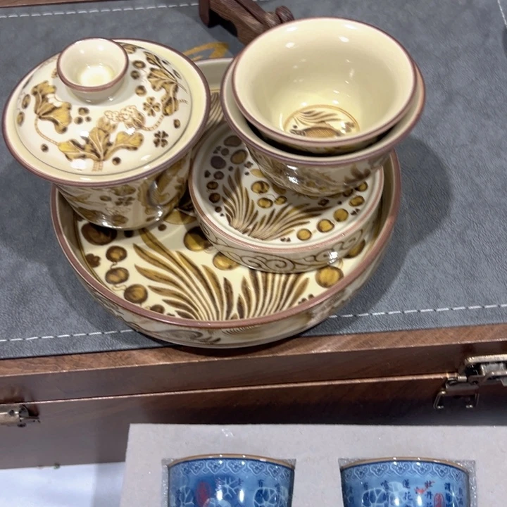 瓷片釉里金鱼藻纹五件套全品
