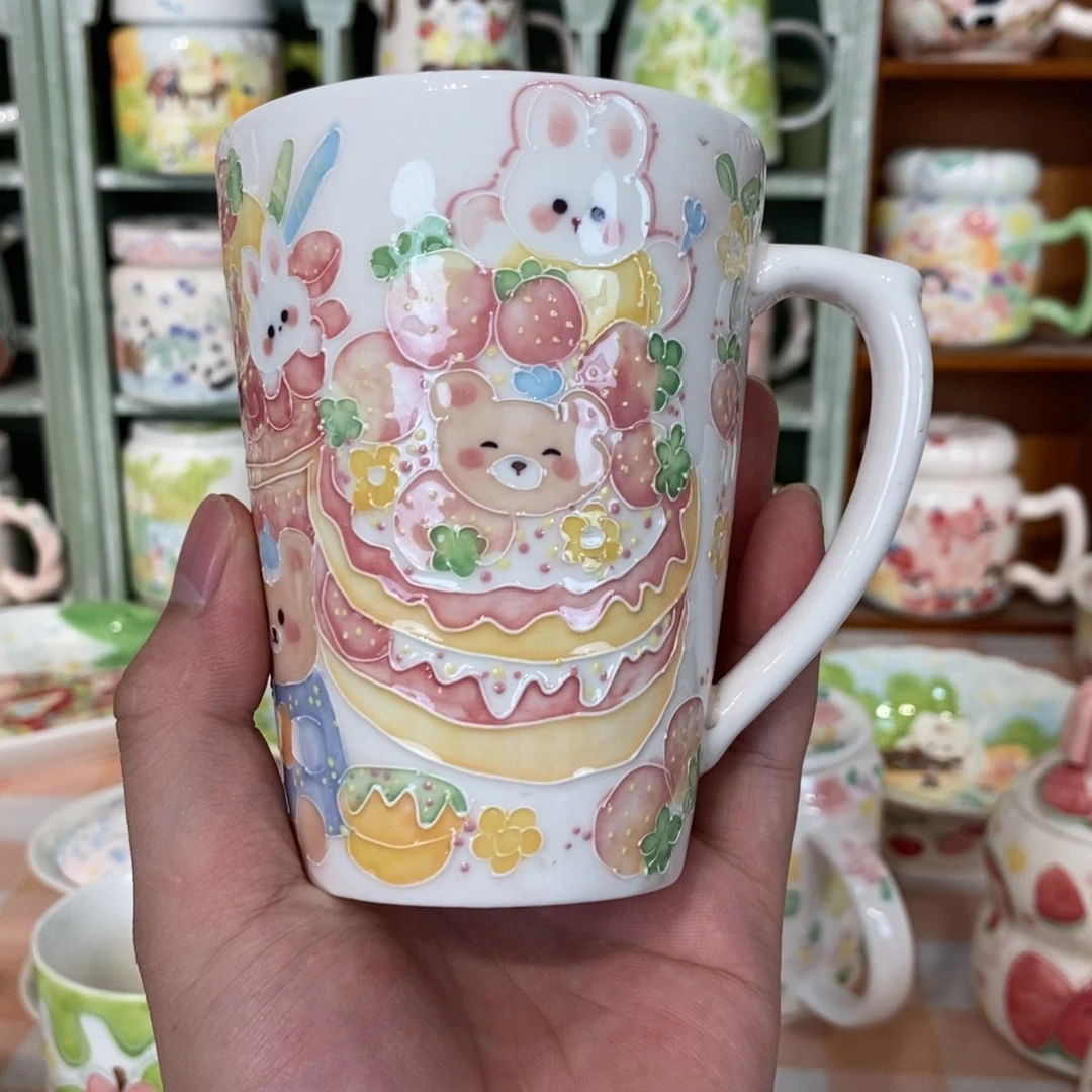 瓷片蛋糕兔熊马克杯微瑕