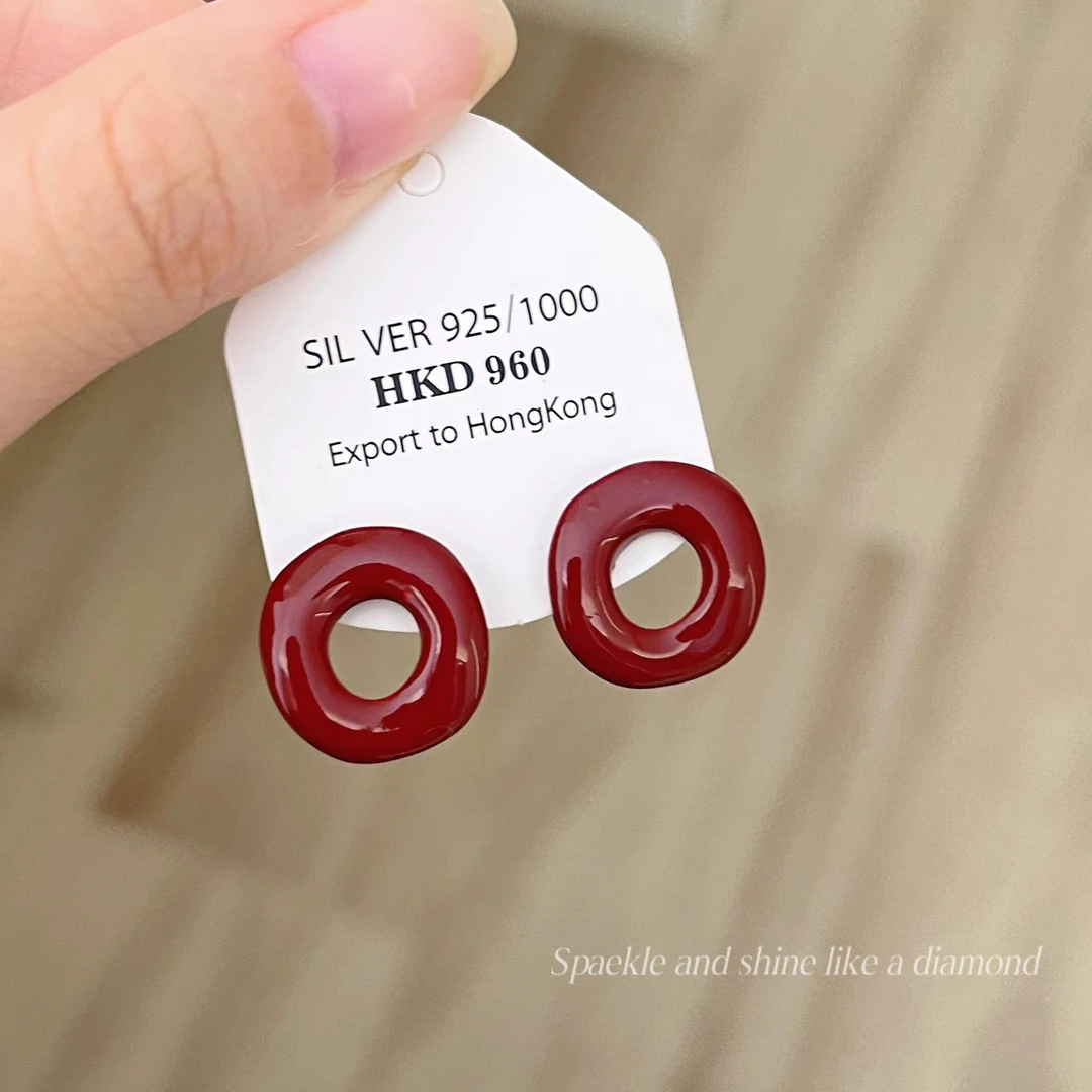 925银耳饰 安哥拉红甜甜圈秋冬季显白气质耳钉过年戴时尚百搭