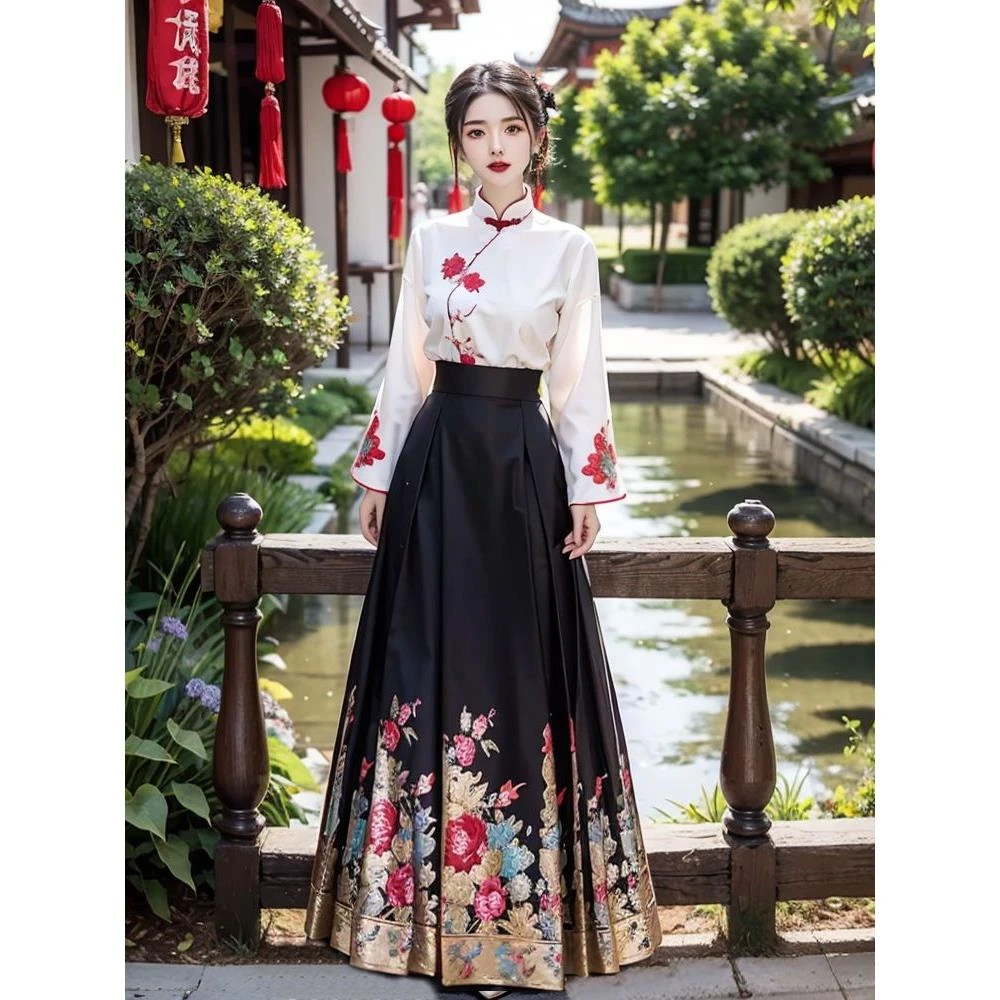 绣花上衣马面裙套装2025春秋新款新中式复古日常可穿时尚两件套女