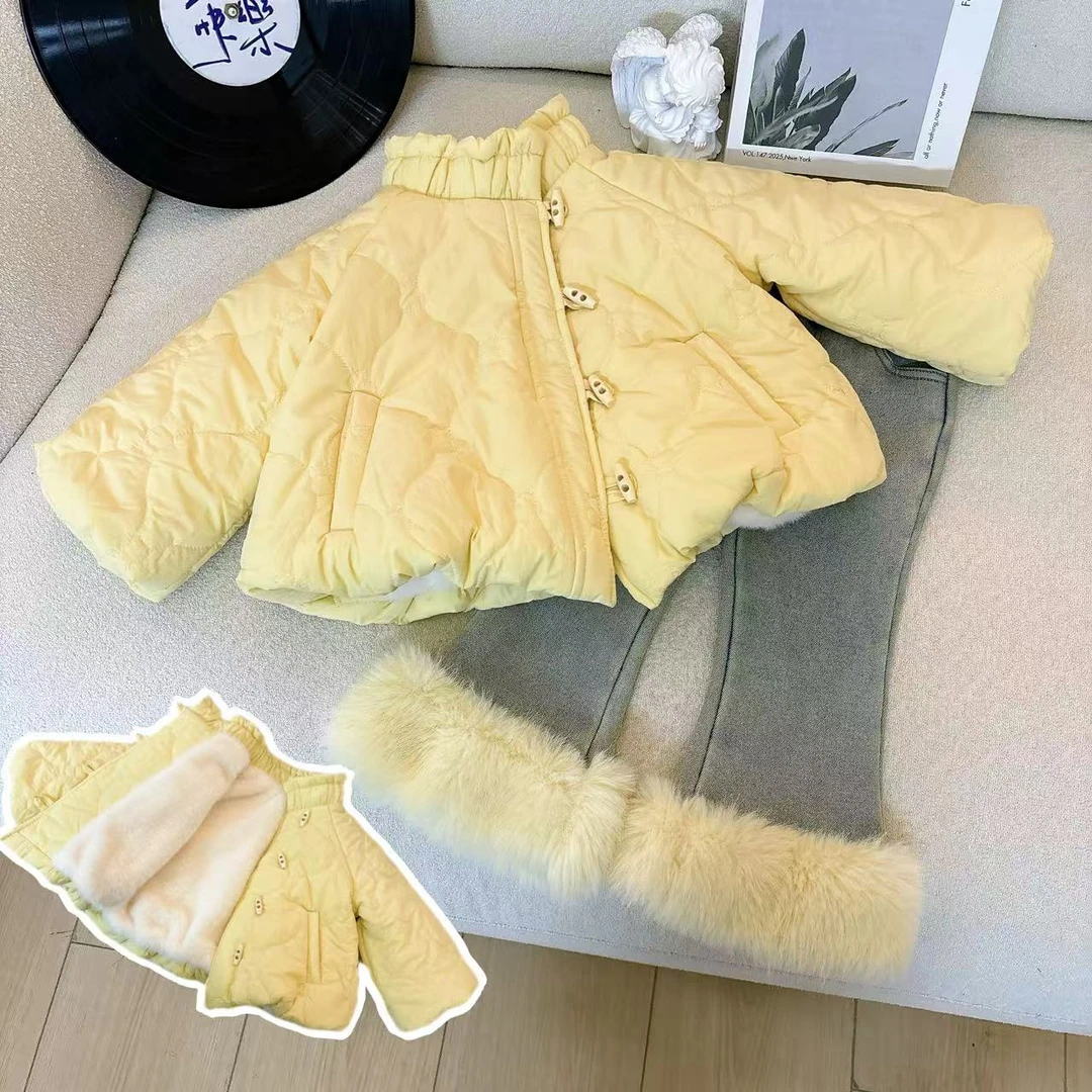 288女童冬季加厚套装2025新款女孩洋气毛领厚外套喇叭裤两件套