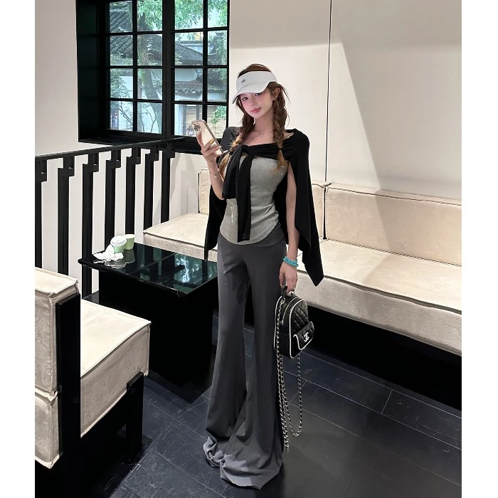 休闲套装慵懒宽松长袖防晒开衫吊带背心女夏季灰色微喇叭裤三件套