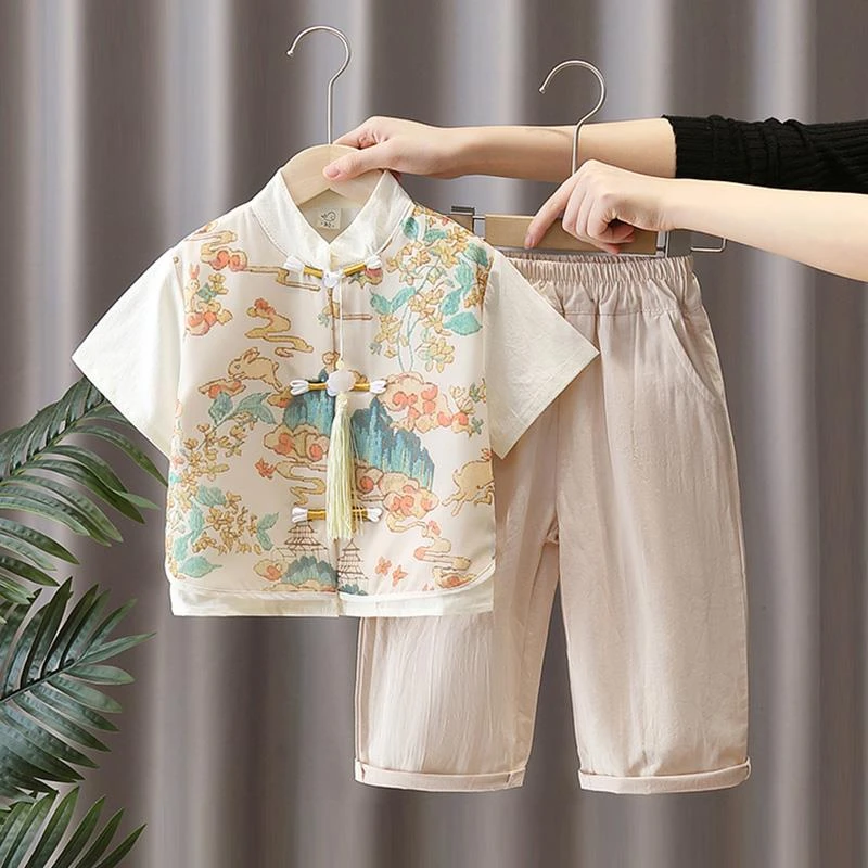 汉服男童夏季日常可穿2025新款中国风古装儿童新中式薄款短袖套装