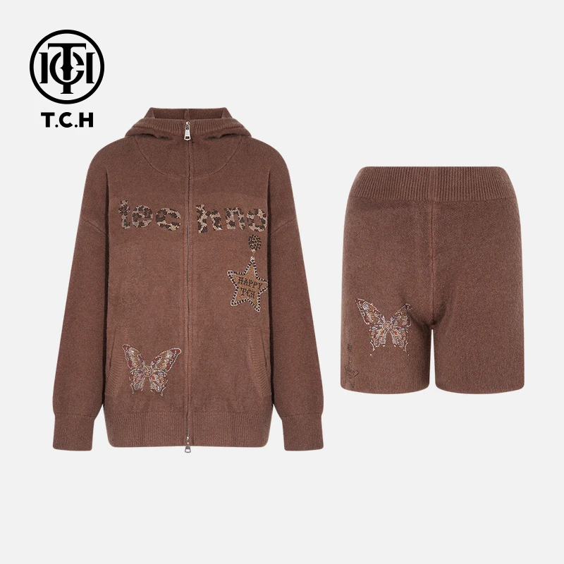 TCH私服秋冬氛围感烫钻时尚淑女气质咖色套装T75C07E1101轻奢tch